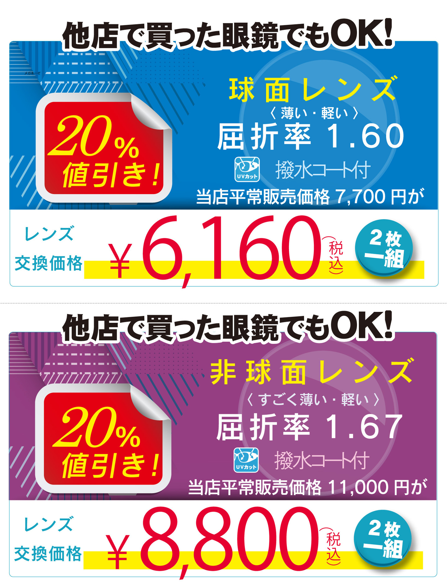 メガネーゼ「夏の感謝祭セール」の他店購入眼鏡も対象となるレンズ交換価格表。2枚一組・20%値引き対象。1：球面レンズ（屈折率1.60、薄型・軽量、撥水コート・UVカット付）通常7,700円が特別価格6,160円。2：非球面レンズ（屈折率1.67、超薄型・軽量、撥水コート・UVカット付）通常11,000円が特別価格8,800円。