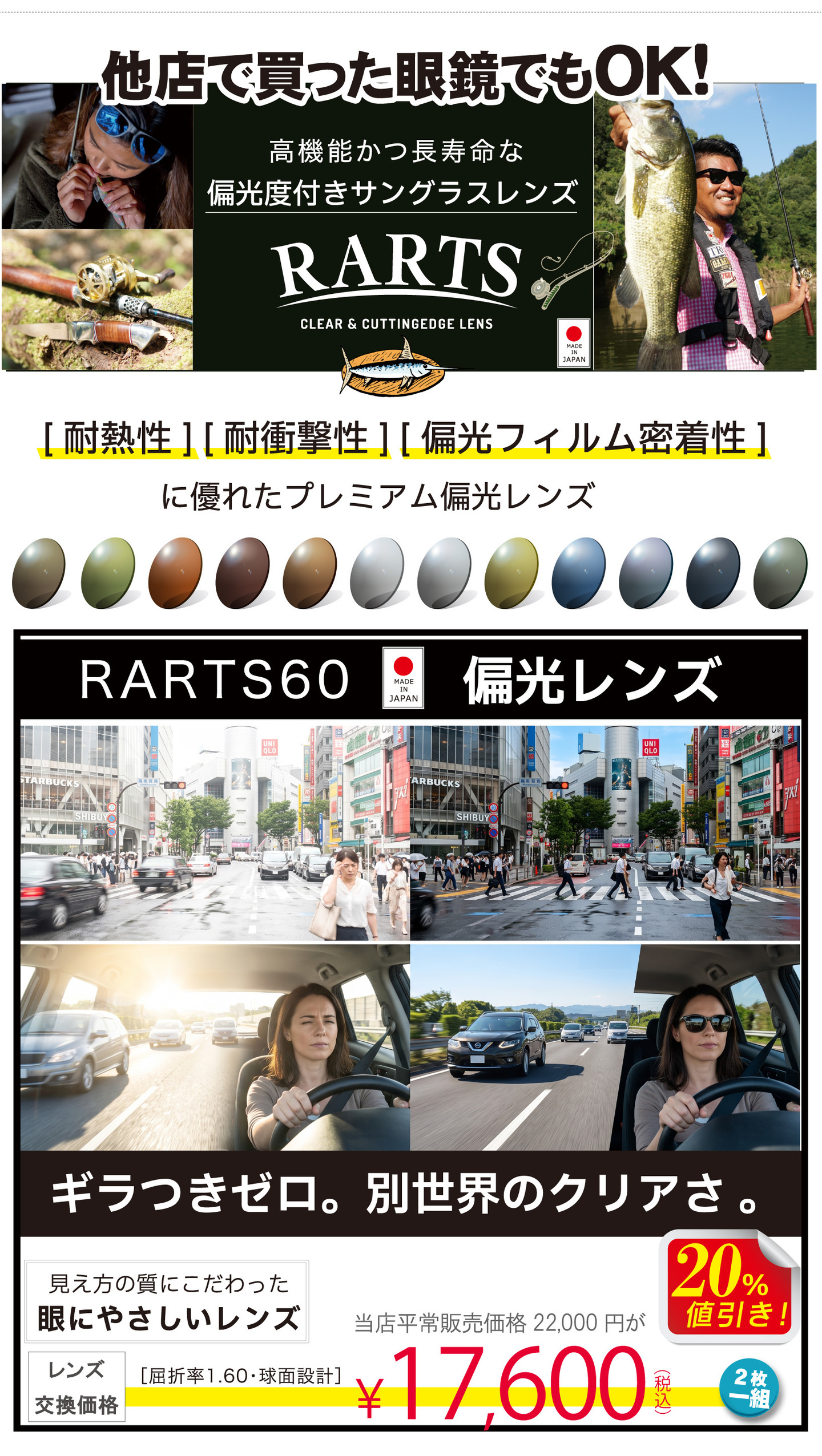 メガネーゼ「夏の感謝祭セール」の偏光度付きサングラスレンズ「RARTS（アーツ）」の紹介。他店購入眼鏡も対象の20%値引き価格表。釣りやドライブでのギラつきを抑える耐熱性・耐衝撃性に優れた日本製レンズ。豊富なカラーバリエーションを展開。RARTS60（屈折率1.60・球面設計）2枚一組で通常22,000円が特別価格17,600円。
